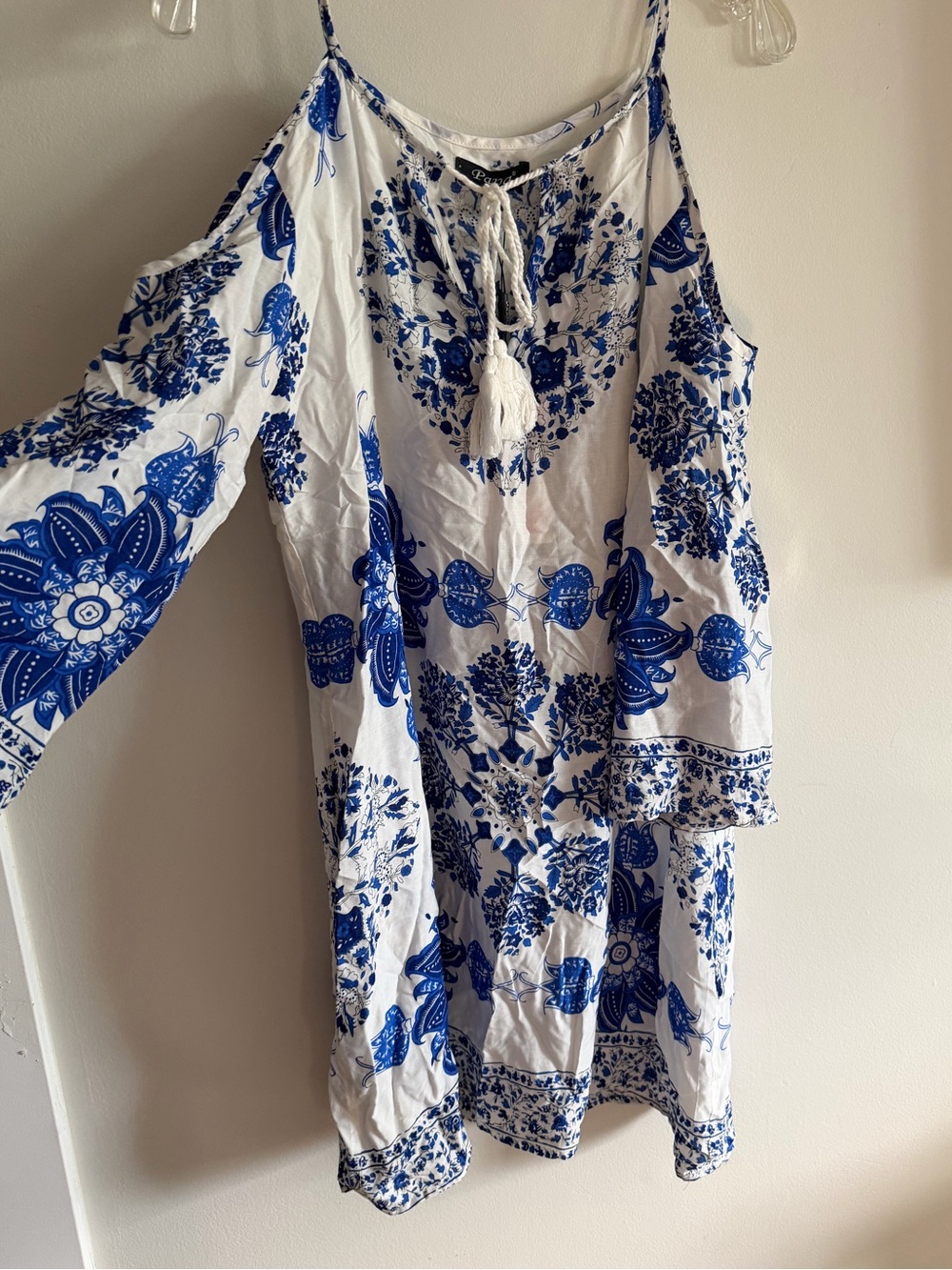 Blue & White Floral Cold-Shoulder Mini Dress with Tassel Tie